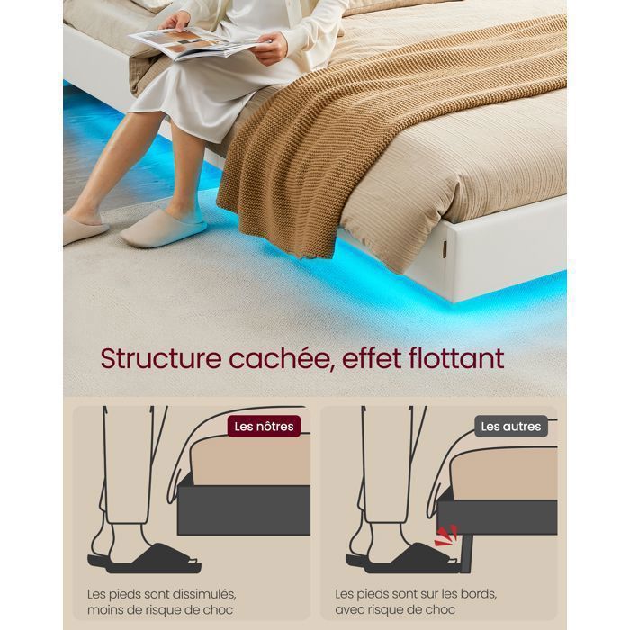 Struttura letto matrimoniale VASAGLE, 160 x 200 cm, letto sospeso, letto con illuminazione a LED, testiera alta, multipresa, bianco