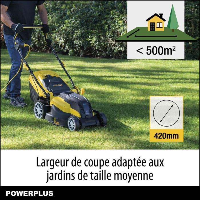 Tondeuse Gazon Électrique POWERPLUS POWXG6281 - 2000W, 420mm Ø, Ramassage, Mulching, Éjection Arrière