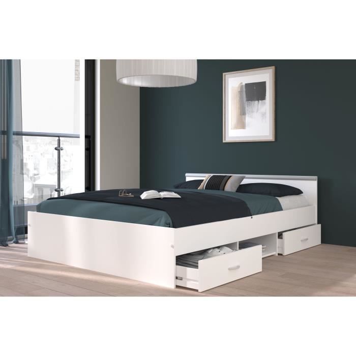 Cama para adultos ZODIAC 140x190 cm - 2 cajones y 1 nicho - Contemporánea - Blanco mate