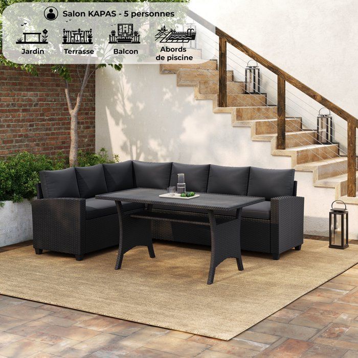 Conjunto de muebles de jardín - KAPAS - Estructura de acero y resina tejida - Negro - 5 personas