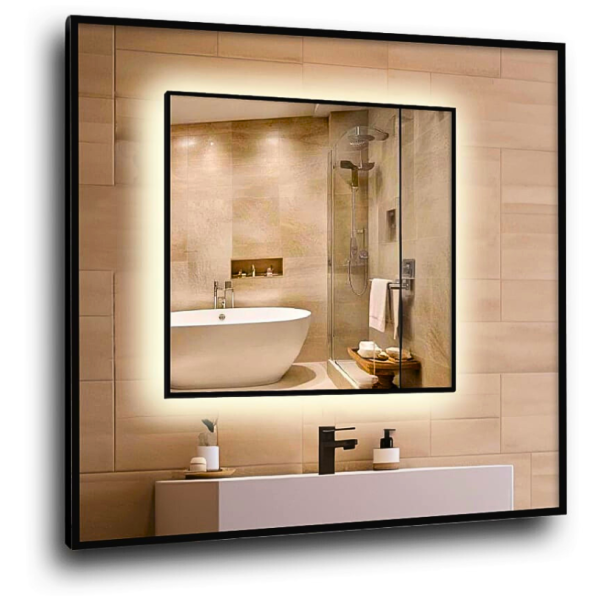 Lustro led 50x50cm w czarnej ramie aluminiowej mat loftowe wodoodporne ledy