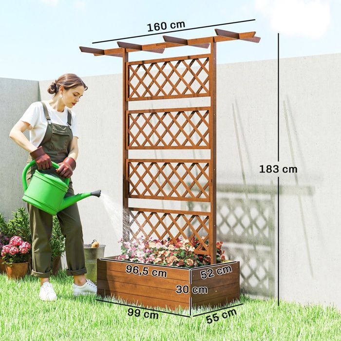 Jardinière Surélevée - Outsunny - avec treillis, Barres de Toit, Trous de Drainage, tissu non tissé - effet bois bois naturel