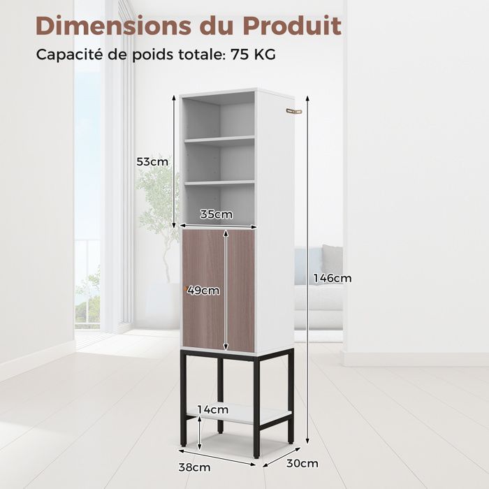 Mueble columna para baño COSTWAY con puerta, estante ajustable y almacenamiento inferior, para sala de estar, cocina, dormitorio, blanco.