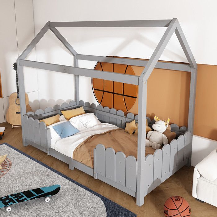Cama infantil - Formato de casinha - Madeira maciça - Cinza - Proteção contra quedas