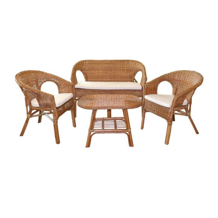 Garden furniture set - SUNNYDAYS - Rattan - 2 armchairs and 1 sofa - Beige - 4 people