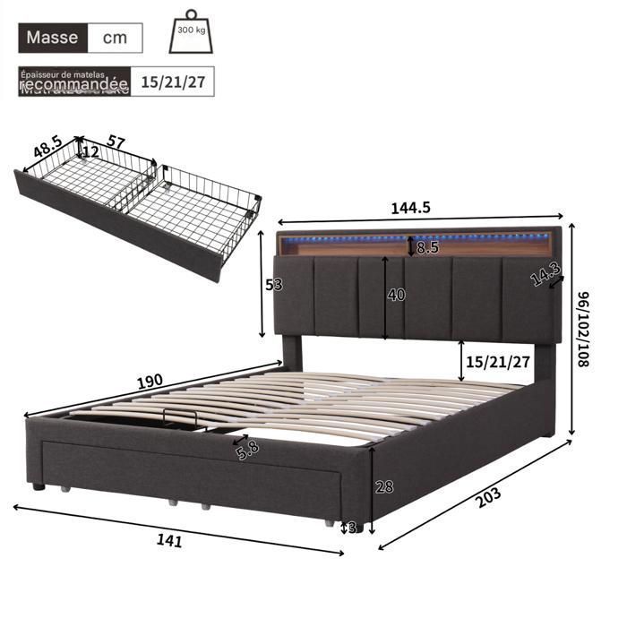 Structure de lit - SUNFECILI - 140x190 cm - avec sommier - éclairage LED - 2 tiroirs de rangement