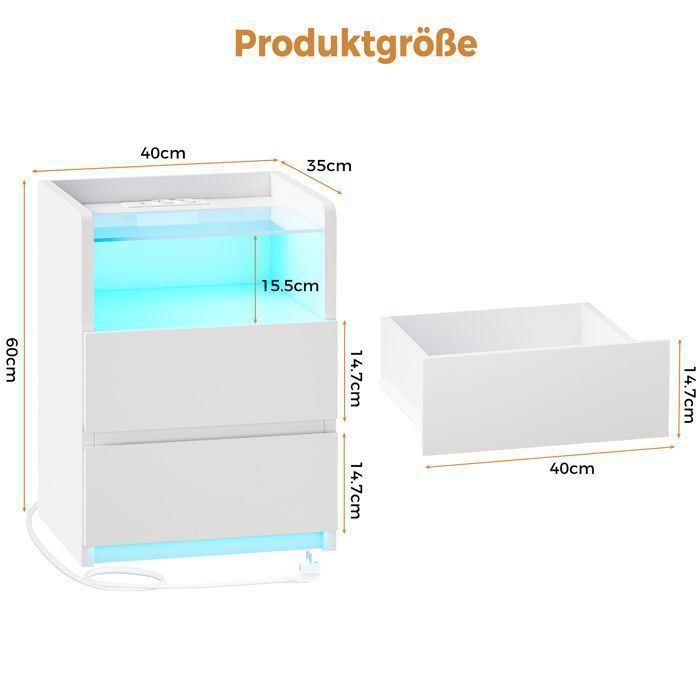 Set of 2 Bedside Tables 40×35×60cm with Glass Top, 2 USB Ports and Sockets, Adjustable LED, 2 Drawers, White
