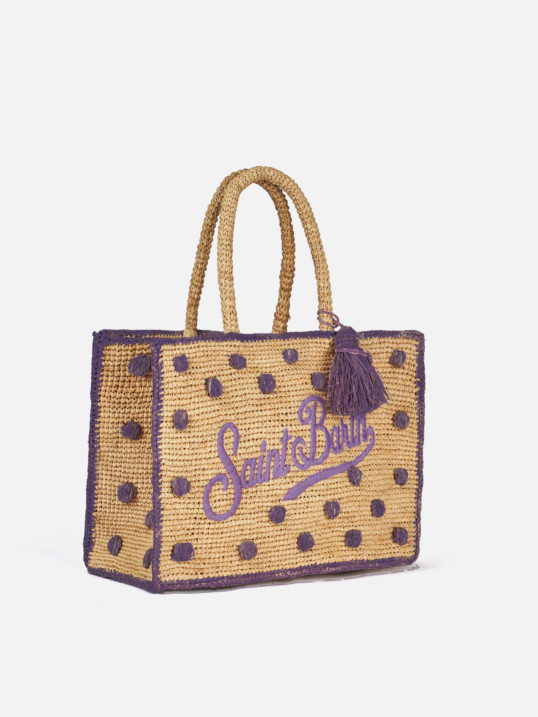 Colette raffia tas in stippenpatroon met sponsmotief