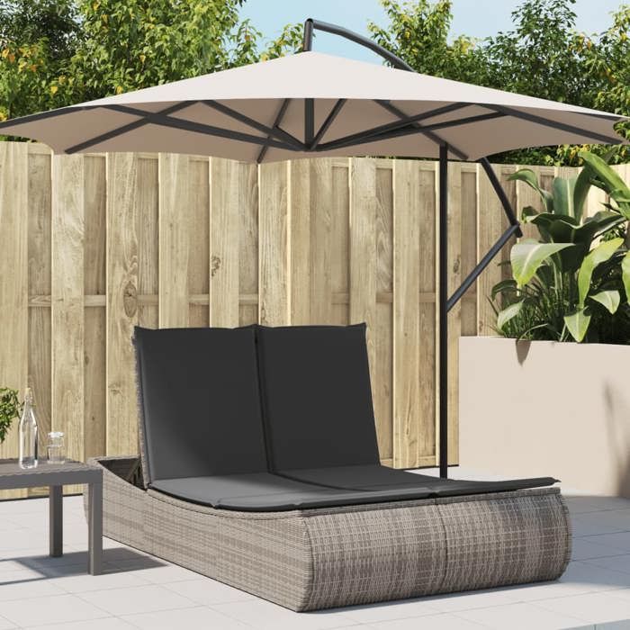 vidaXL Chaise longue double avec coussins gris résine tressée, transat, lit de jour d'extérieur, lit de jour de jardin, lit 368092