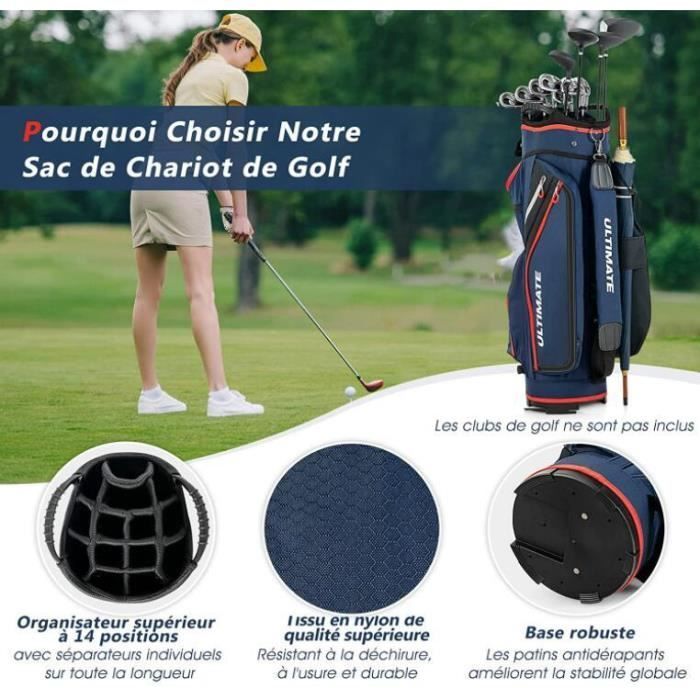 Bolsa para carrito de golf GYMAX con 14 compartimentos y 8 bolsillos, bolsa de golf con funda para la lluvia y correa para el hombro, azul y rojo.