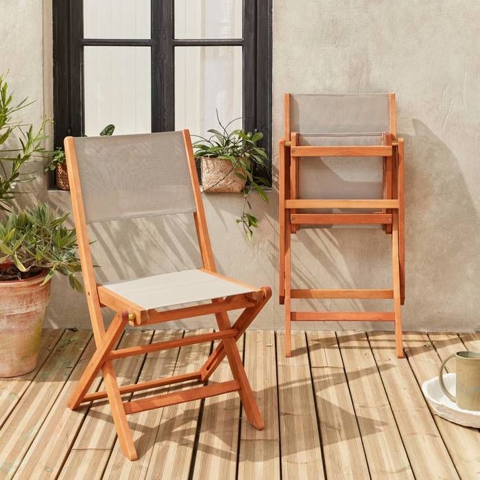 Sillas de jardín en madera y textilene - Almería Gris Topo - 2 sillas plegables en madera de eucalipto aceitada y textilene