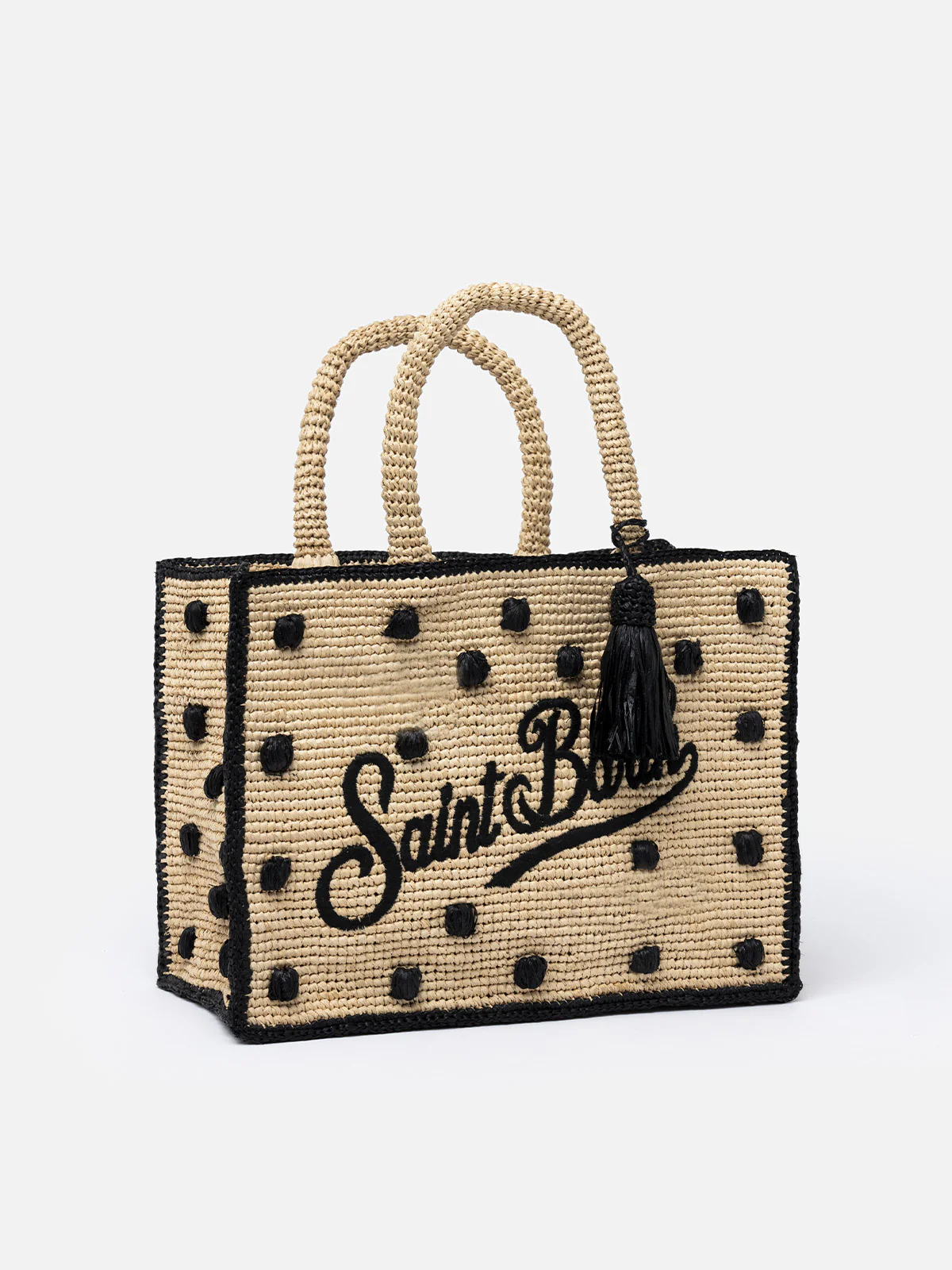 Colette Raffia Handtas – Natuurlijk Beige met Zwarte Polka Dots, Logo Borduurwerk, Milieuvriendelijk en Stijlvol Design, Binnenvak met Rits | MC2 Saint Barth