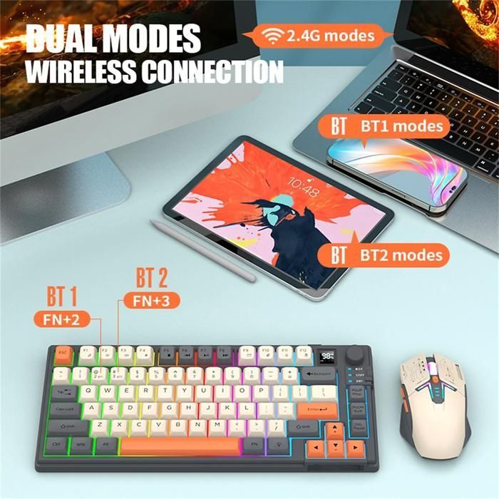Ensemble clavier et souris, 80 touches, Bluetooth, sans fil 2,4 GHz, éclairage RGB, design ergonomique, multifonctionnel, bleu