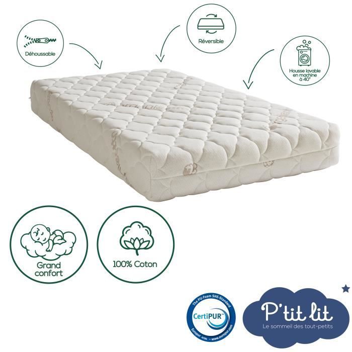 Babymatras van biologisch katoen - 60x120x10 cm - 100% katoen - Afneembare hoes - Geen chemische behandeling