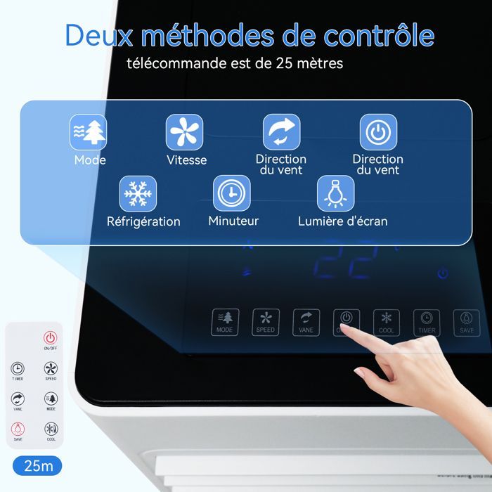Aire acondicionado portátil PULUOMIS - Ventilador enfriador de aire - 3 velocidades - Control remoto - Temporizador de 12 horas