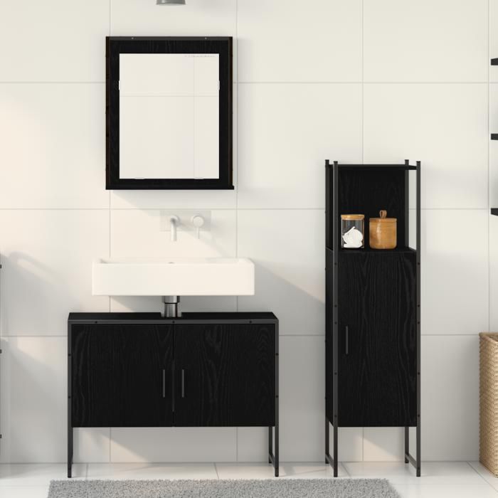 Conjunto de muebles de baño - Roble negro - 3 piezas - Madera de ingeniería - Estilo contemporáneo