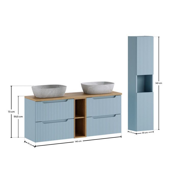 Ensemble meuble suspendu double vasques 140 cm avec plan chêne et colonne 30 x 140 cm NOVA DENIM