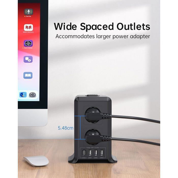 Regleta USB con protección contra sobretensiones, 8 tomas de corriente + 4 puertos USB, protección contra sobretensiones/rayos, cable de 2 metros.