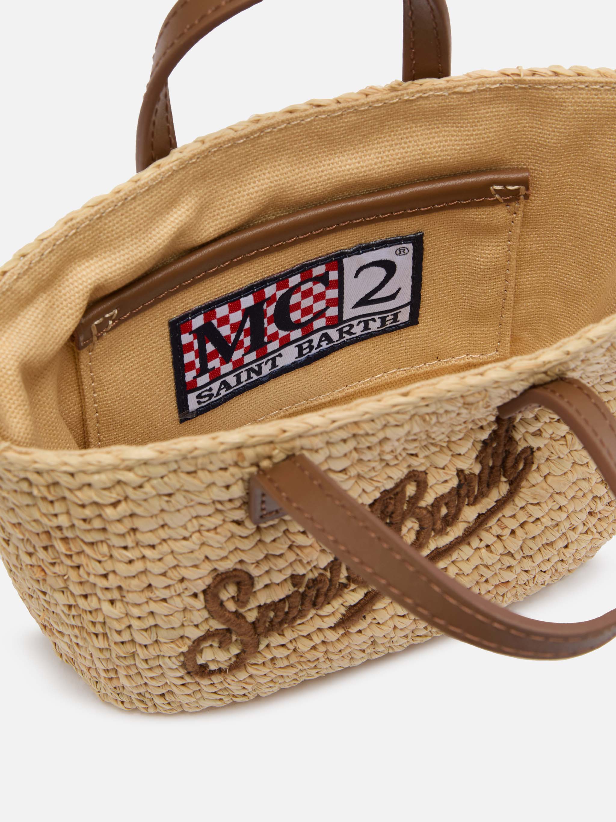 Beige Raffia City Micro Tasche mit Ledergriffen