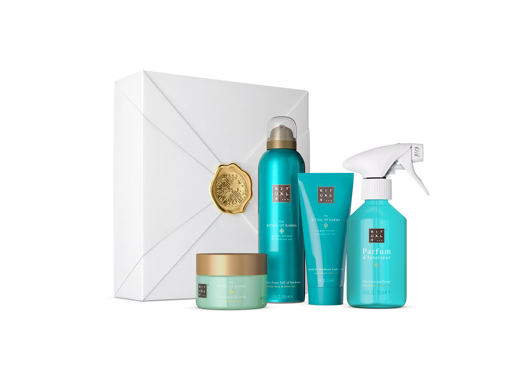 El Ritual del Karma: gel de ducha espumoso 200 ml, perfume de interior 250 ml, crema corporal 100 ml, exfoliante corporal de sal 125 g.