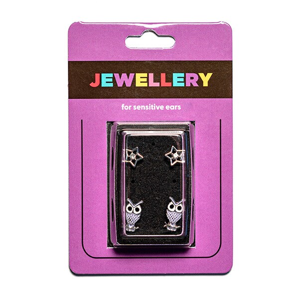 Sensation Jewellery oorbellen set van ster en uil, verguld met titanium