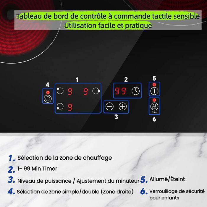 Plaque Vitrocéramique,3 feux,L59 cm,Table de cuisson vitrocéramique,5400W,3 foyers,Table Vitrocéramique,Revêtement verre