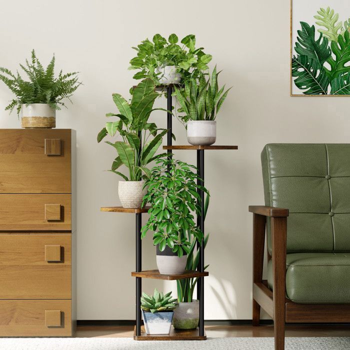Étagère plantes-Bamworld- Support plantes 5 niveaux-Convient pour salon, chambre, balcon, etc-Marron