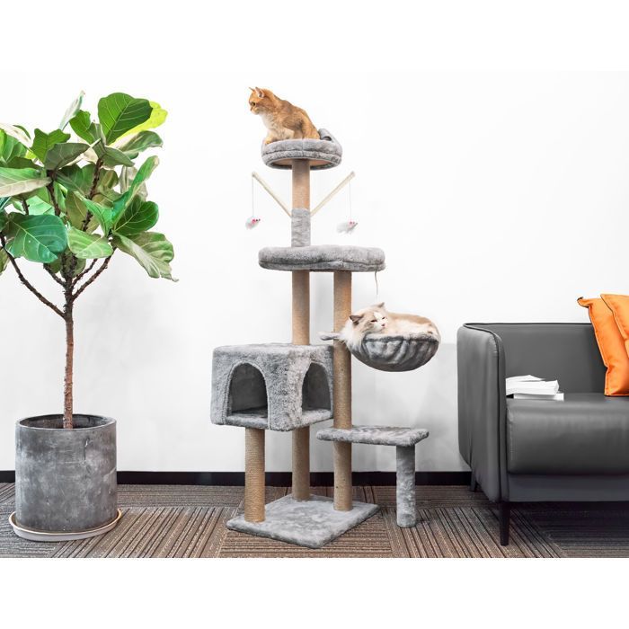 Krabpaal voor katten, 145 cm, stabiele klimtoren met meerdere niveaus, activiteitenboom met 7 sisalpalen en 5 platforms.
