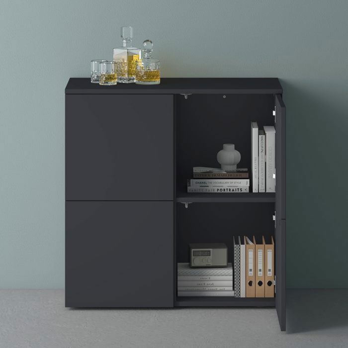 Armario de almacenamiento Mai & Mai con 4 puertas y 4 compartimentos, armario multiusos, negro mate y gris, 76x36,4x74 cm, SR04