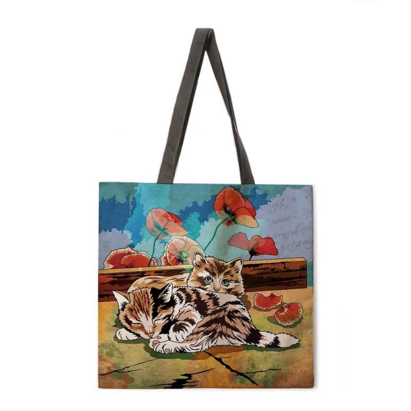 Borsa tote con stampa di gatti dei fumetti, borsa da spiaggia riutilizzabile in cotone, borsa a tracolla casual da donna in lino, borsa per la spesa pieghevole