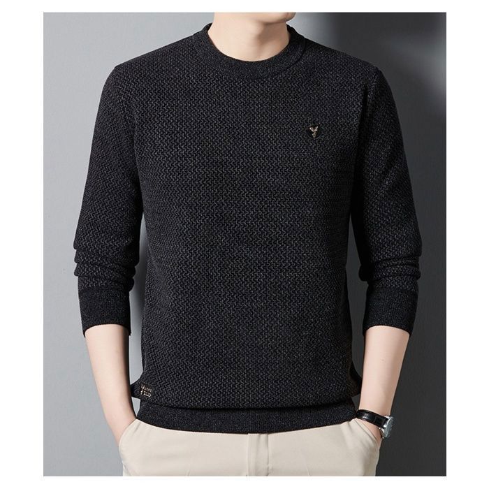 Suéter para hombre, suéter de punto cálido de manga larga para hombre con forro polar, suéter básico casual de cuello redondo ajustado - Negro