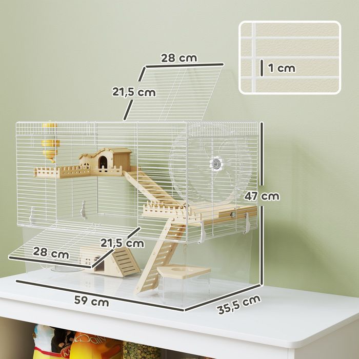 Hamsterkooi - PawHut - 3 verdiepingen - met loopwiel, transparante lade, schuilplaatsen, hellingen - 59 x 35,5 x 47 cm - wit