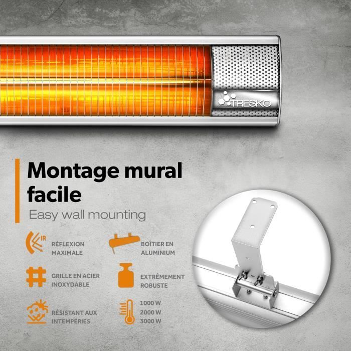 Calefactor infrarrojo exterior TRESKO de 3000 W | Calefactor radiante para patio | Montaje en pared | Control remoto | 3 niveles | Para interiores y exteriores