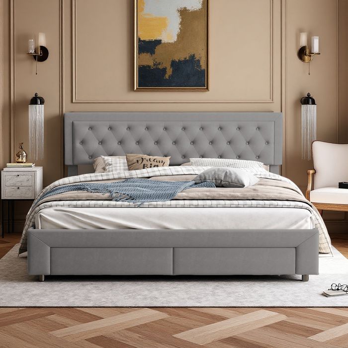 Lit 180x200 cm - COZY - tissu en velours - sommier - hydraulique - cadre de lit adulte 180x200 cm - gris