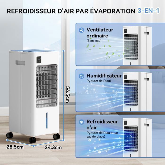 Aire acondicionado/enfriador/ventilador portátil de 8 litros con 3 velocidades, control remoto y temporizador de 12 horas.