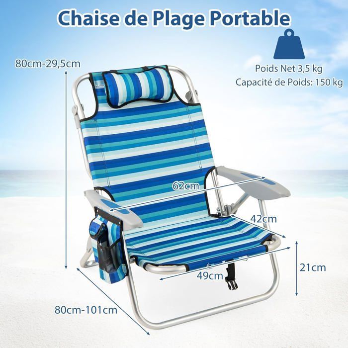 GIANTEX foldbar strandstol med justerbar ryglæn i 5 positioner, aluminiumsramme, 150 kg lasteevne, til fiskeri, 62x69x80 cm, blå stribe, 1 stk.