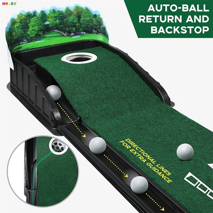 Tapete de golf verde para interiores con retorno de pelota y 3 hoyos - Equipo de entrenamiento para el hogar o la oficina - Accesorios