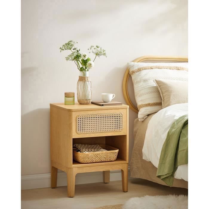 Mesa de cabeceira em rattan - VASAGLE - Moderna - com gaveta - Cor da madeira