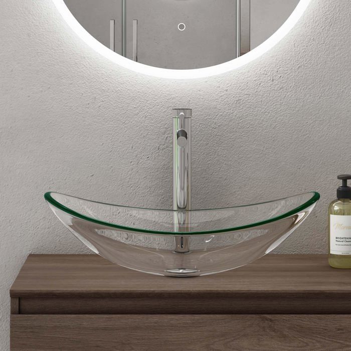 Lavabo de encimera doporro, lavabo de cristal transparente, lavabo ovalado para baño, lavabo para inodoro, 53,5 x 35,5 x 16 cm, Minerva08