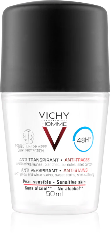 Desodorante antitranspirante Vichy Homme contra manchas brancas e amarelas por 48 horas.