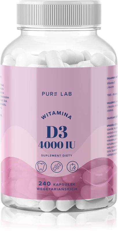 „Aura Herbals Pure Lab“ vitamino D3 4000 TV maisto papildų kapsulės, skirtos tinkamai imuninės sistemos funkcijai, kaulų sveikatai ir raumenų funkcijai palaikyti.