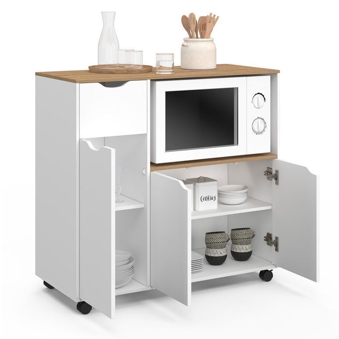IDMARKET COSI XXL Kitchen Microwave Cart with Cupboards, White Wood Drawer and Beech-Effect Shelves, 90 cm Wide