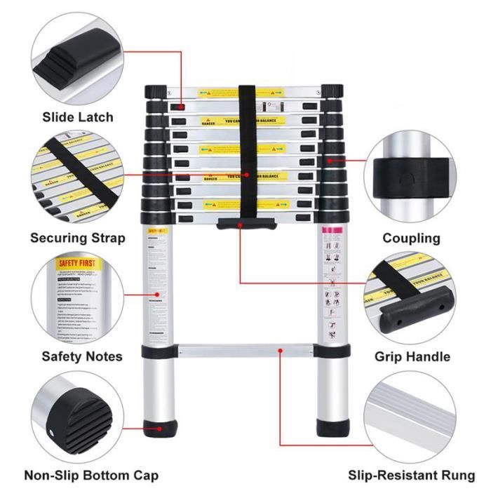 FINETHER Telescopic Ladder - Aluminum - 11 Rungs - 150 kg Capacity - Multifunctional - 3.2 m