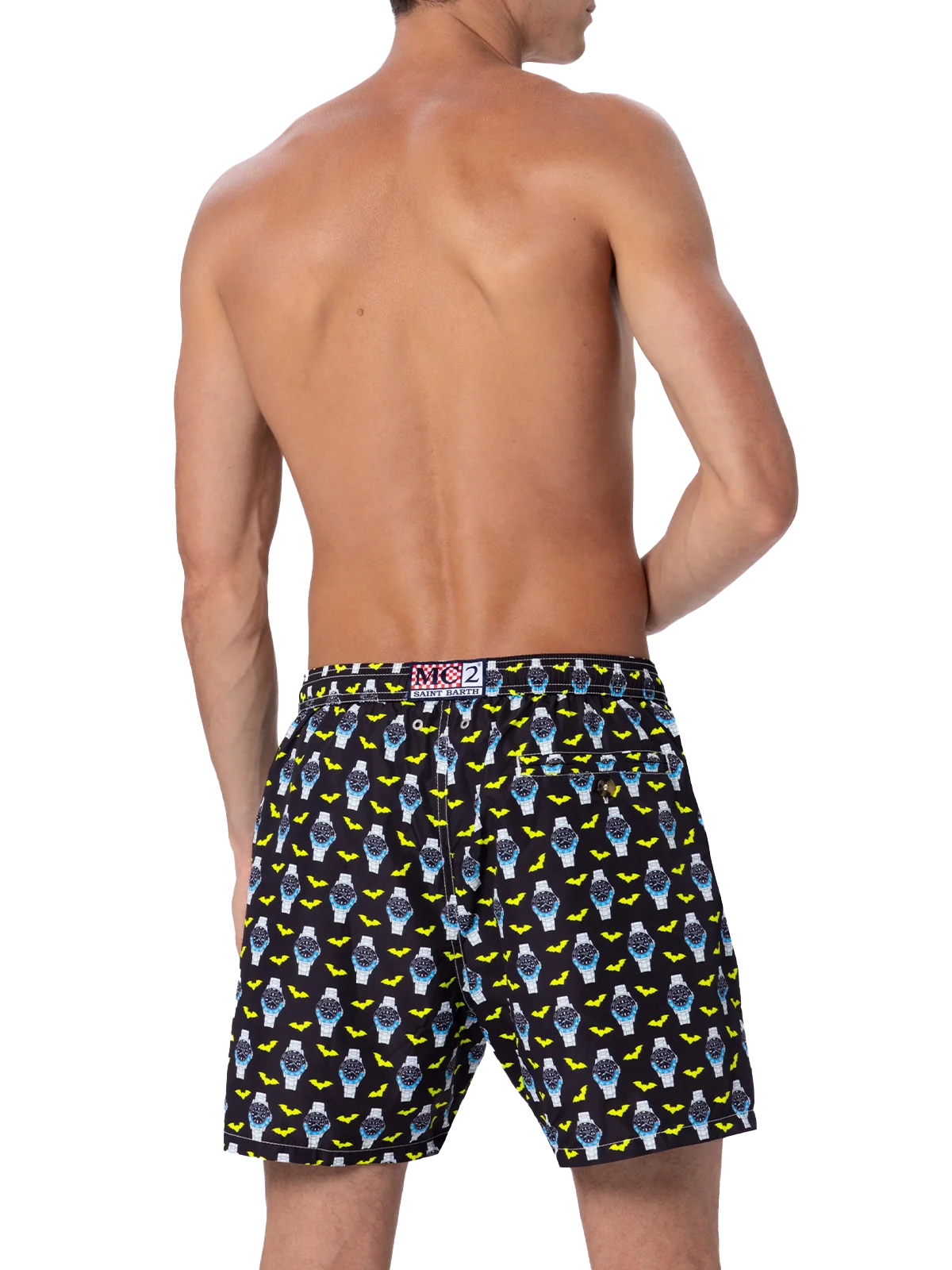 Mid-length zwembroek voor heren | Sneldrogend, all-over print met horloges en vleermuizen | Elastische tailleband, verstelbaar trekkoord | MC2 Saint Barth