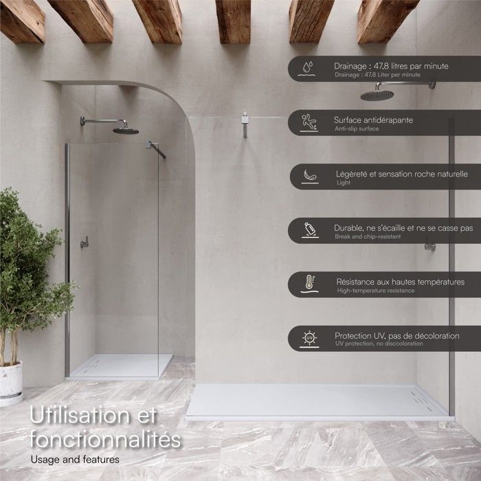 HIEMAL Receveur de douche + bonde aspect pierre couleur - Blanc, Modèle - 90 x 170 cm