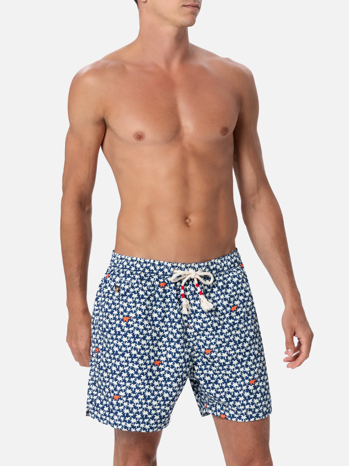 Man Lighting 70 Mid-Length Swim Shorts | Palms All-Over Print | Blue Backcloth | 100% Recycled Polyester | Adjustable Drawcord | MC2 Saint Barth