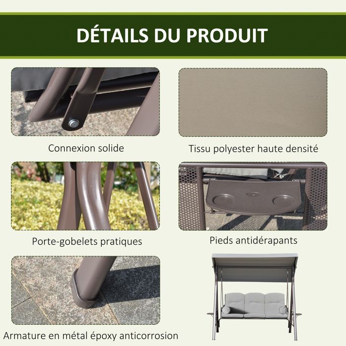 Columpio de jardín Outsunny - 3 plazas - toldo inclinable ajustable - cojines - bandejas retráctiles - poliéster - gris claro