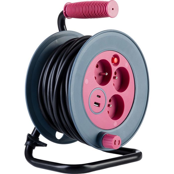 Carrete de cable DIY con 3 tomas + 2 puertos USB-A/C - Rosa - Zenitech