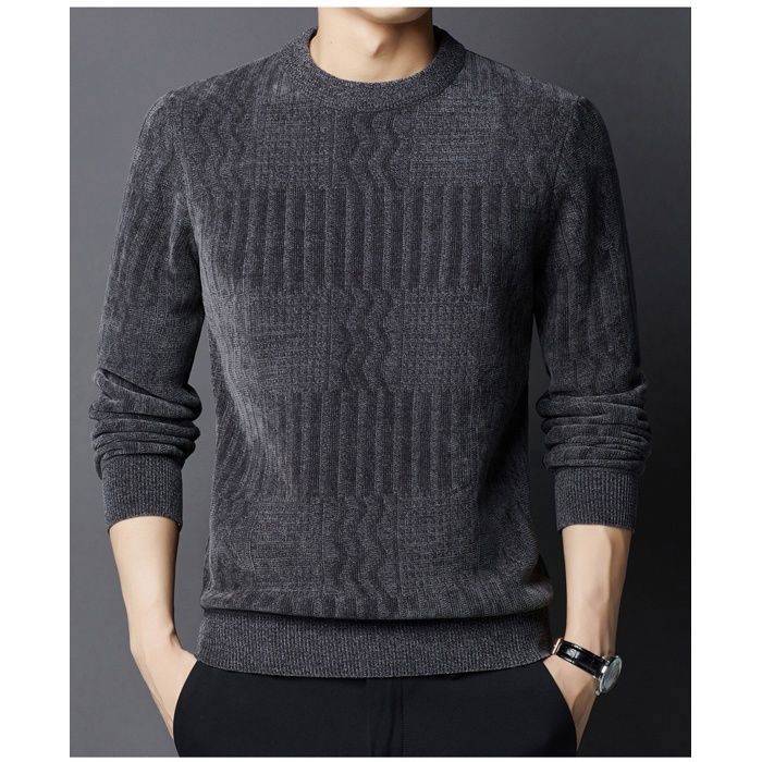 Men's Sweater, Men's Fleece-Lined Knit Sweater, Warm Crew Neck Basic Solid Color Casual Slim Fit Sweater - Grey
