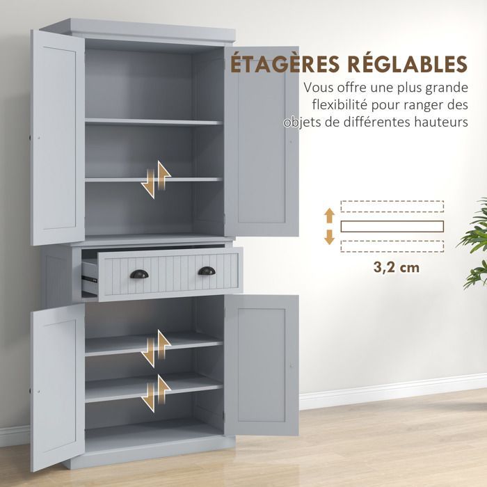 Armoire de cuisine - HOMCOM - multi-rangements étagères réglables 4 portes et grand tiroir - 76,2 x 40,2 x 183 cm - gris